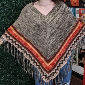 Lightweight warm poncho acrylic tassels stripes